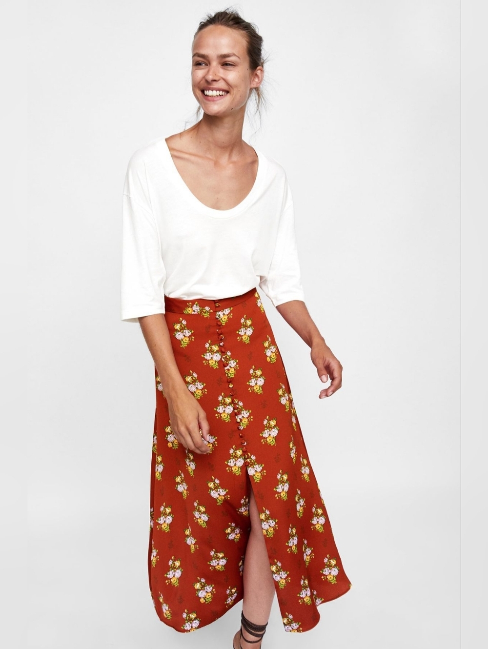 Zara Warm Rust Floral Button-Front Satin A-Line Front Slit Midi Slip Skirt S